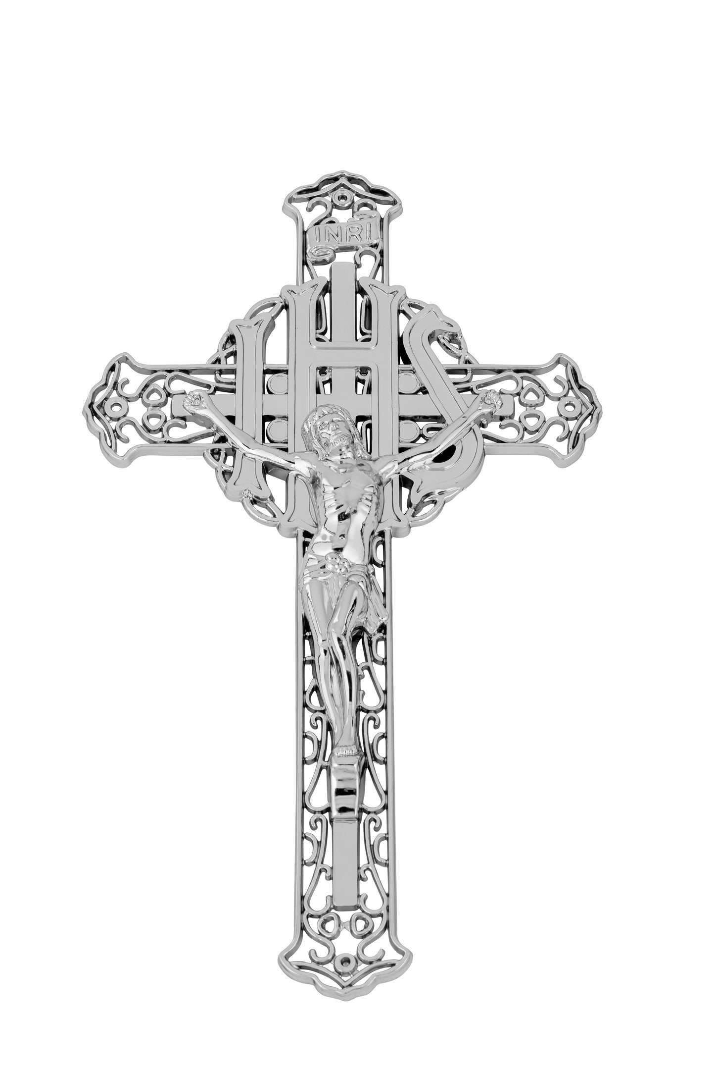 12 inch Plastic Filagree Crucifix Nickel